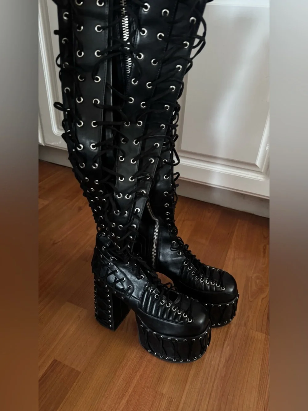 RARE Super Hot Platform Lace-Up Over-the-Knee Boots in Black (US8) Rave Festival